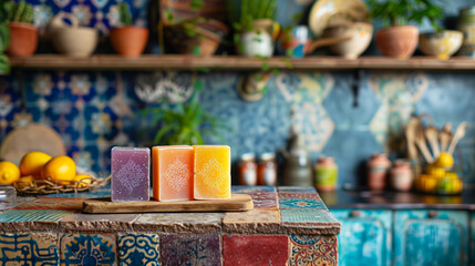 Colorful artisan soaps displayed in a vibrant bohemian kitchen setting, reflecting a cozy, creative atmosphere