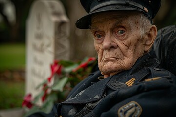 Capture the solemn moment of an elderly veteran soldier, in uniform and wheelchair, paying respects at a friend's grave, with an American flag in the background, symbolizing honor