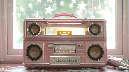 A vintage boombox in pastel red with silver accents sits prominently in front of a window, embodying late 20th-century retro aesthetics.