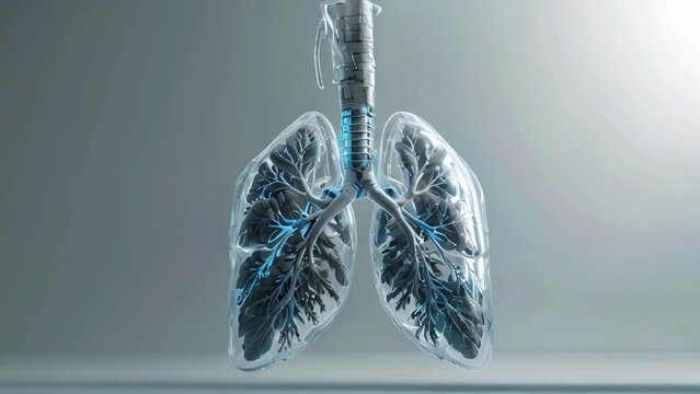 A pair of lungs with a trachea. The lungs are made of a spongy material and are covered in tiny air sacs called alveoli.
