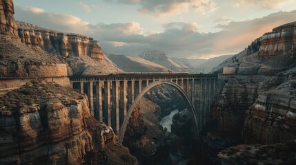 Majestic Canyon Bridge at Sunset: Awe-Inspiring Landscape and Engineering Marvel