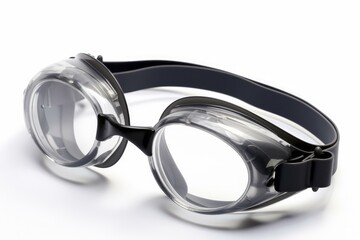Clear swimming goggles with adjustable strap on a white background, showcasing clarity and design