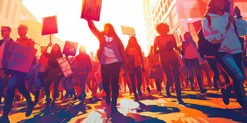 Student Uprising: The Power of College Protests - An image of a large group of students marching on campus, holding signs and chanting slogans, illustrating the strength and unity of student movements