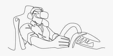 Continuous one line drawing of guy using virtual reality headset and playing car racing game, racing simulator. Editable line. Graphic illustration.