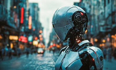 Website Banner, Futuristic Black Robot with Sleek Design and Red Eyes in Cityscape, AI, Robotics, Technology, Cyberpunk
