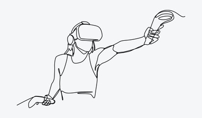 Continuous one line drawing of girl using virtual reality headset and playing shooter game. Editable line. Graphic illustration.