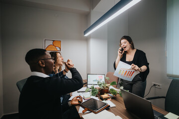 A diverse group of office colleagues enthusiastically engaging in business discussions while one is on a phone call. Expressing joy and teamwork in a modern office setting.