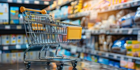 A Lonely Shopping Cart Awaits Its Journey Through The Grocery Aisle