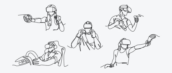 Set continuous line drawing of different people playing game using VR headset. Editable line. Graphic illustration.