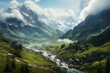 Steep Swiss alps path. Alpine landmark. Generate Ai