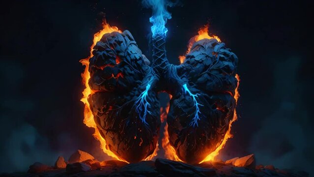 A pair of lungs made of stone with blue flames emerging from the top.