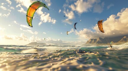 Athletes in wetsuits doing tricks in the air flying with kites in wetsuits at sunset in the sea.
