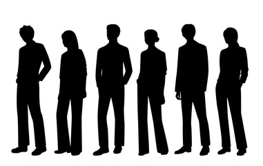 Vector silhouettes of  men and a women, a group of standing   business people, profile, black  color isolated on white background