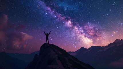 Night sky with stars and silhouette of happy man standing on mountain.AI generated image