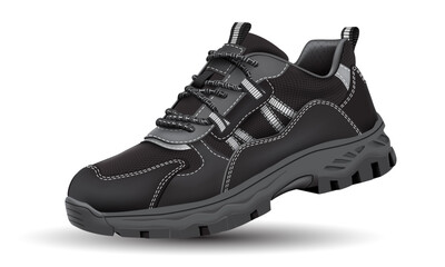 Realistic black hiking shoe safety rubber fabric on white design for men vector