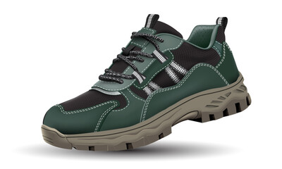 Realistic hiking shoe safety green leather rubber black fabric on white design for men vector