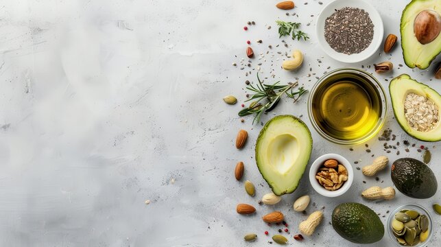 assorted healthy fats food selection with avocado nuts seeds and olive oil blank space for text