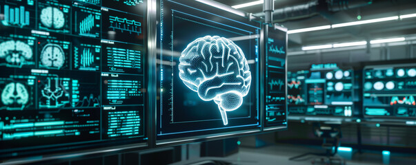 3D rendering of digital brain interface display with medical data and biometric information on futuristic computer room background.