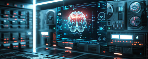 3D rendering of digital brain interface display with medical data and biometric information on futuristic computer room background.