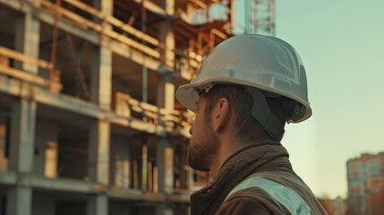 Fototapeta premium closeup of a builder wearing a white hard hat against the backdrop of a construction site with copy space for text photo
