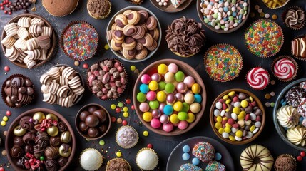 colorful assortment of festive sweets candies chocolates and desserts full frame background panorama
