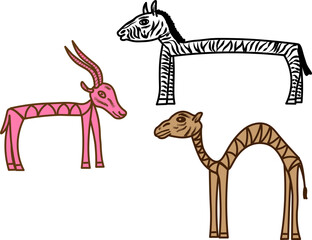 Cartoon vector illustration, set of 3 items collection of African animals camel, zebra, antelope in ethno style on a transparent background. Funny safari Animals isolated
