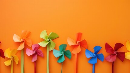 colorful pinwheel collection arranged on vibrant orange background playful toy still life