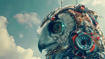 A surreal digital of a full-body owl wearing a brain-computer interface,eyes closed,on a futuristic technology background