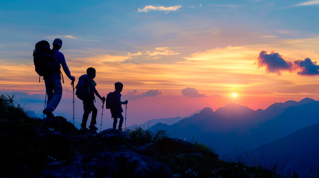 Golden Moments: Silhouette of a Family Trekking on a Mountain at Sunset, Embracing Togetherness and the Beauty of Nature's Twilight.

