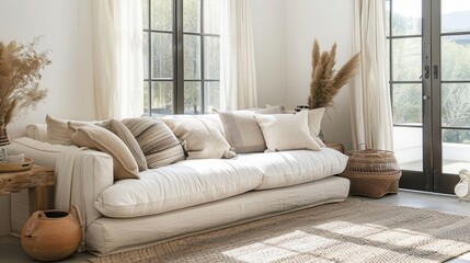 Fototapeta premium cozy and stylish living room interior with neutral colored couch cushions and natural decor elements