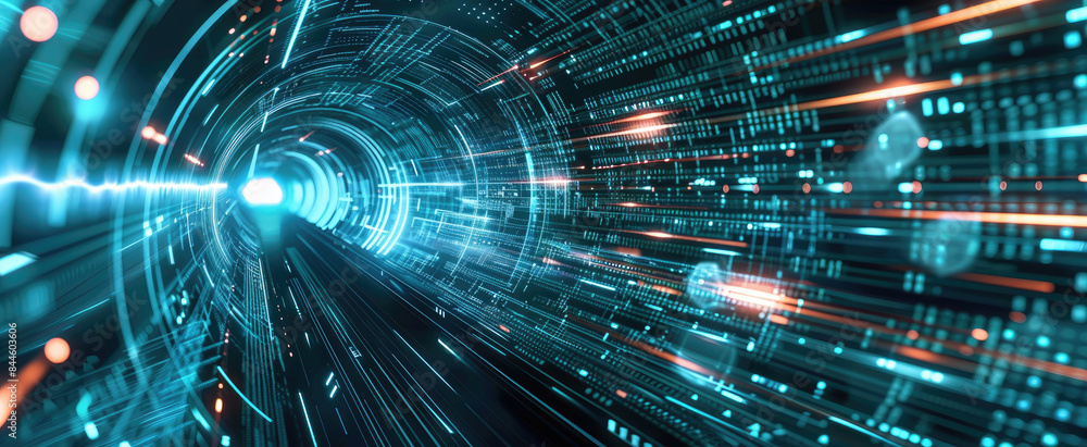 Poster tunnel of cyber data in abstract digital space, fast lights as dark information background. theme of