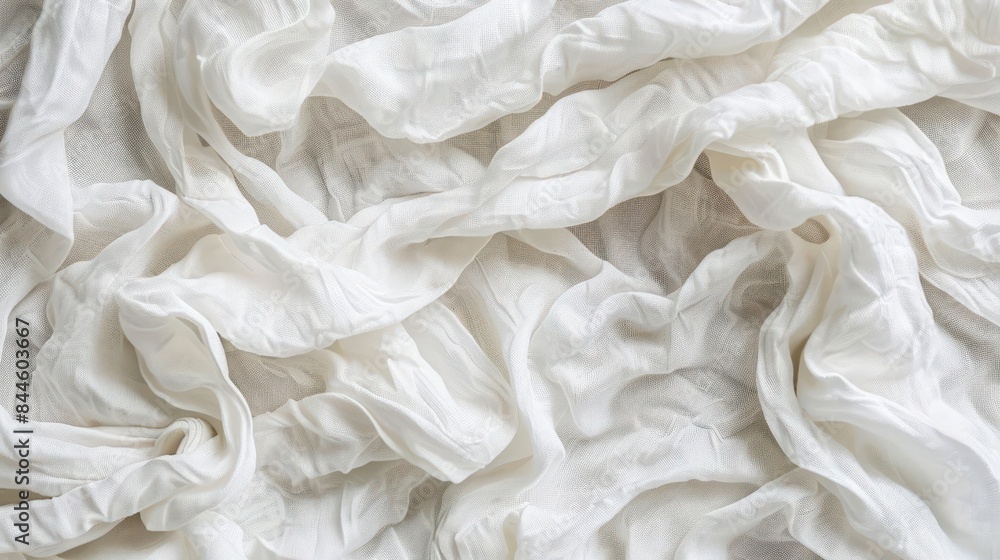 Poster crumpled white linen fabric texture background with copy space top view