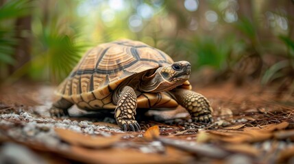 Obraz premium curious turtle explores earthy terrain detailed wildlife closeup photograph