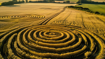 Crop circles on agricultural corn field, aerial view of extraterrestrial sign pattern. Concept of strange wheat texture background, ufo, nature, landscape