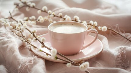 Cappuccino pink cup on the table with Pussy Willow Salix discolor twigs