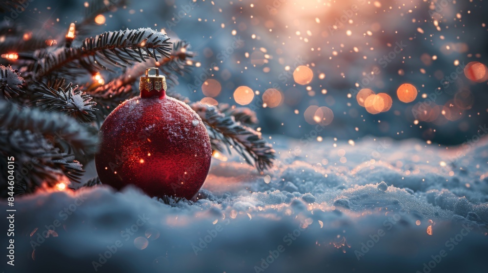 Wall mural Beautiful winter Christmas scene nature panorama with snowdrifts and holiday lights. Snow-covered spruce branch and red ball on background of blue evening sky, falling flakes snow. copy space