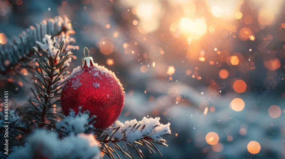 Wall mural Beautiful winter Christmas scene nature panorama with snowdrifts and holiday lights. Snow-covered spruce branch and red ball on background of blue evening sky, falling flakes snow. copy space