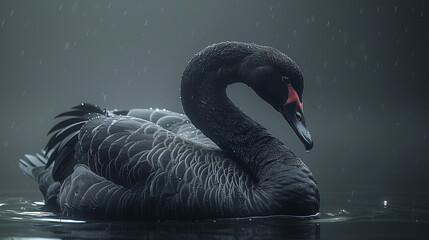 Graceful black swan on the water, beautiful lighting.
