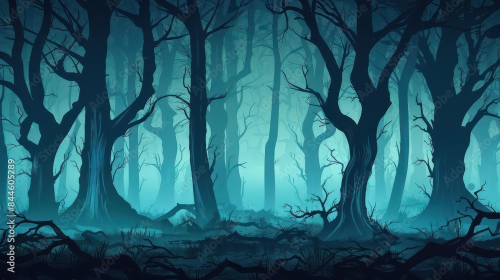 Wall mural eerie halloween woods with haunting atmosphere dark and misty forest scene digital horror illustrati - Wall murals