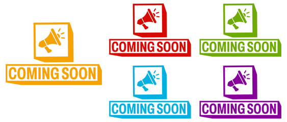 set trendy colorful coming soon labels icon. coming soon sign social media template design vector illustration
