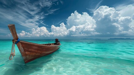Boat in turquoise ocean water against blue sky with white clouds and tropical island