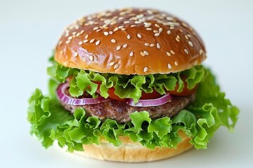 Gourmet cheeseburger with lettuce, tomato, and onions on white background, vibrant and delicious, perfect for gourmet dining and culinary delight
