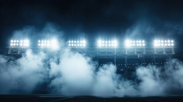 dramatic stadium arena lights shining through smoke against dark night sky photograph