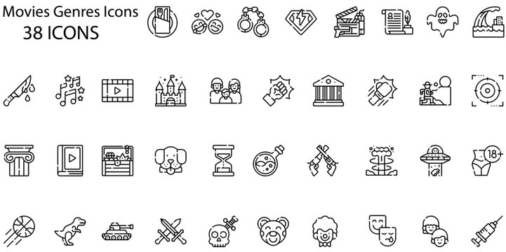 Set of movies genres icons. Line art style icons bundle. vector illustration
