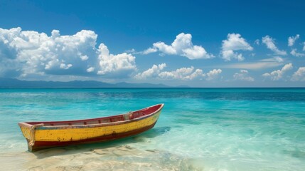 Obraz premium Boat in turquoise ocean water against blue sky with white clouds and tropical island