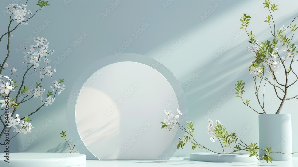 Poster 3d rendering of an empty white circular podium with soft light and shadow on a blue background