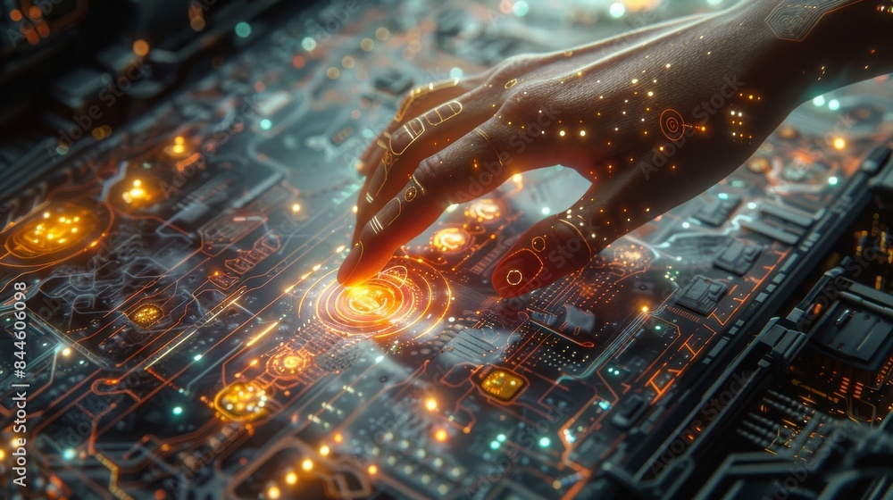 Poster engineer touching futuristic glowing circuit board with interactive hologram