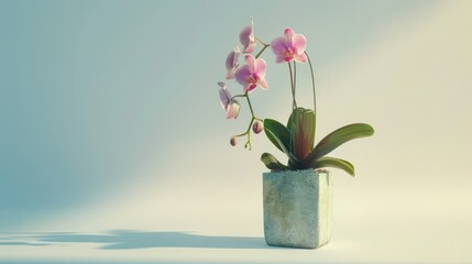 Pink orchid in a pot on a white wall. AI generated.