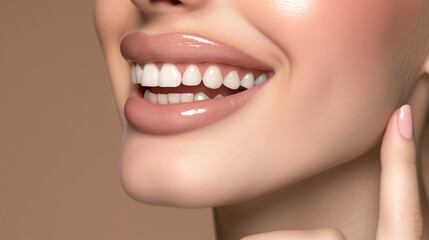 Fototapeta premium a close-up of the lower half of a woman's face, highlighting a bright and cheerful smile