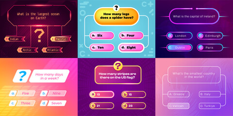 Trivia game ui. Question and answer template for quiz show, multiple choice interface with buttons and timer. Vector game app layout. Presentation or competition with various options © Tartila